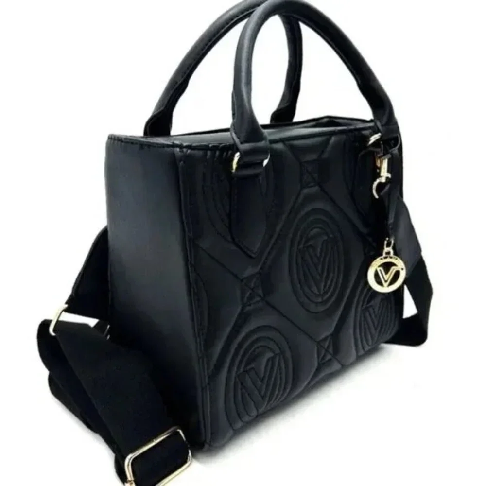 Vince Camuto Black Quilted Leather Satchel with Gold Charm